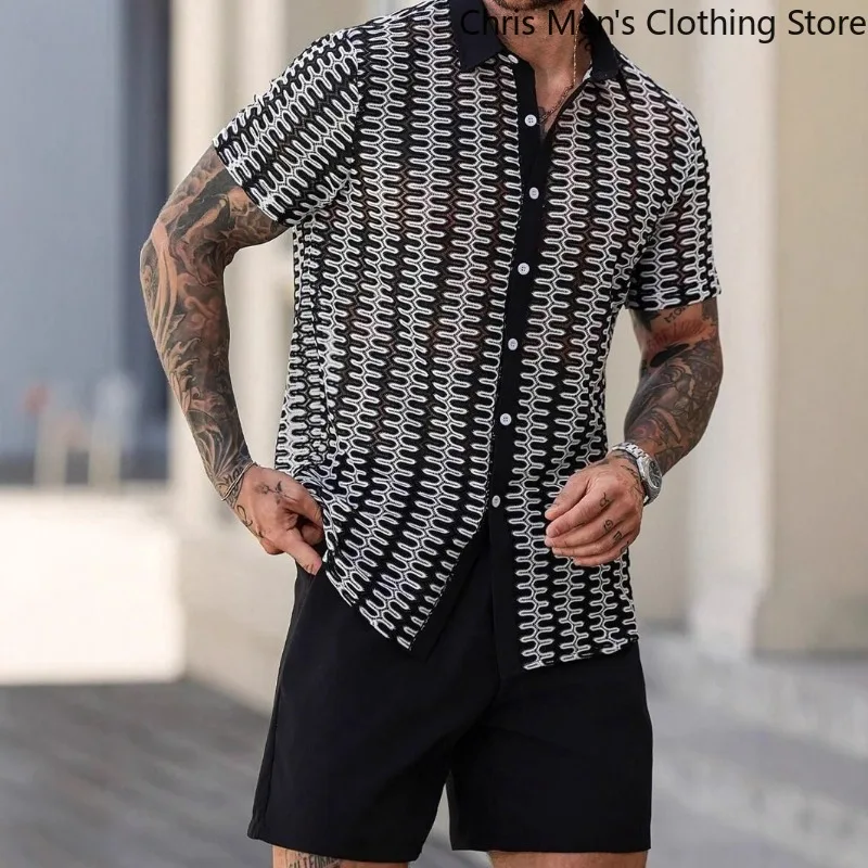 

Black and White Fashionable Trendy Vacation Casual Top Mens Shirts【 Men's Fashion 】2025 Summer New Men's Sexy Cut-out Shirt,