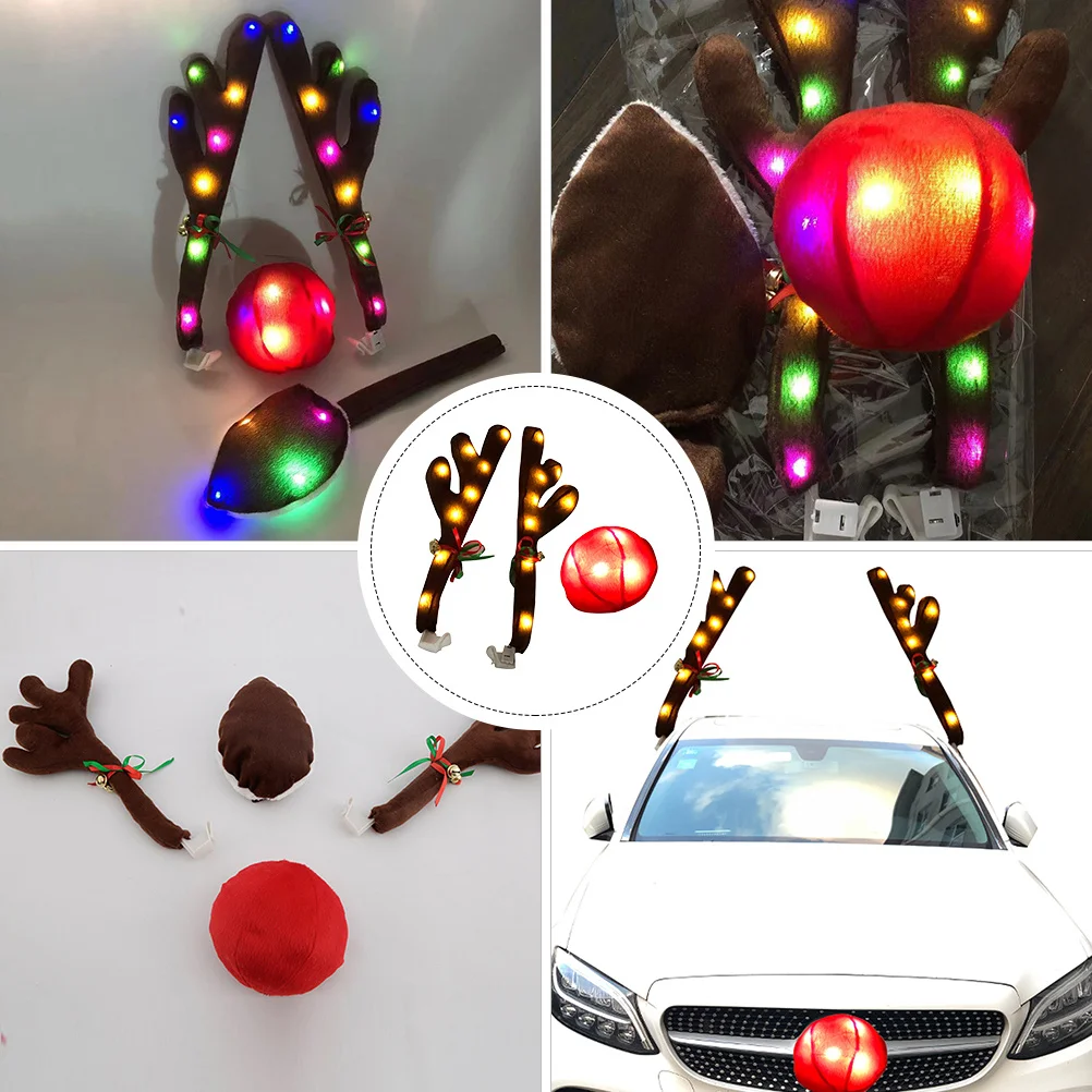 

Christmas Reindeer Antlers Car Kit with Light Car Rudolph Decoration Set Festive Cheerful Design Easy Removal Installation