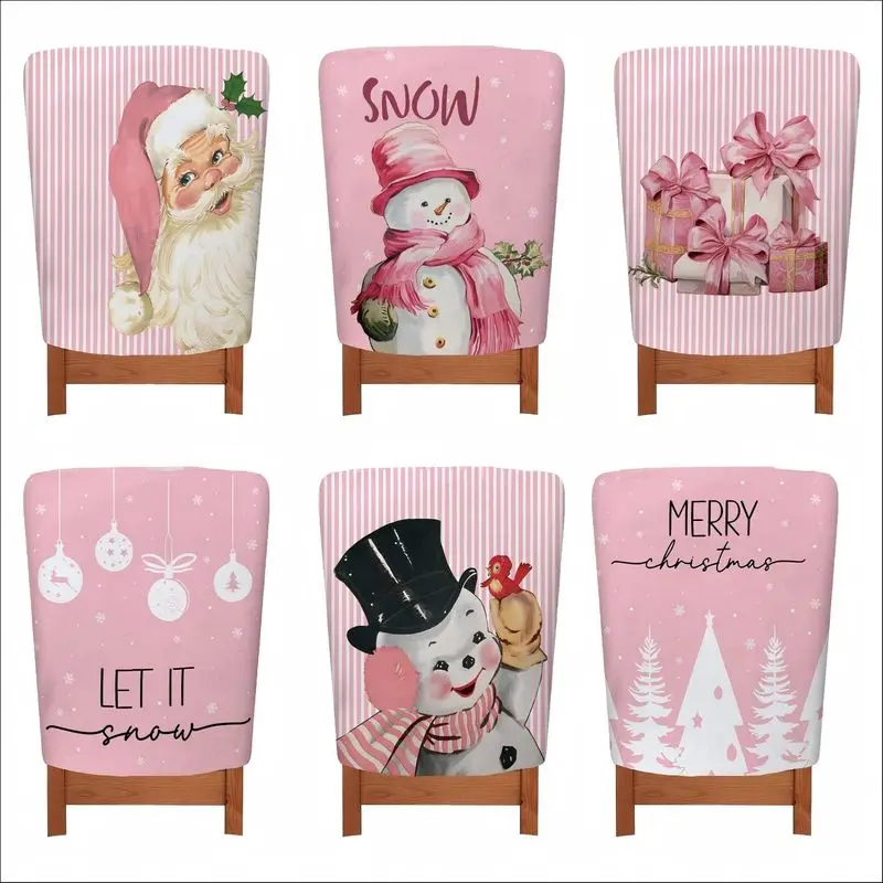 VIKAMA Xmas Cute Pink Tone Holiday Element Dining Chair Slipcover Washable Chair Back Cover Winter Festival Table Home Decor