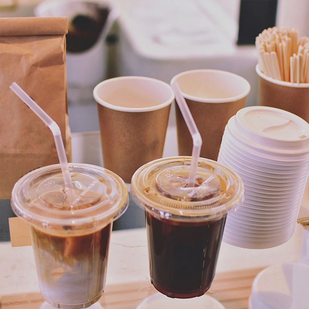 

100 шт. прозрачные одноразовые стаканчики с плоскими крышками для хранения сока, молока, чая, холодных напитков, прозрачные стаканчики для напитков, пластиковые стаканчики