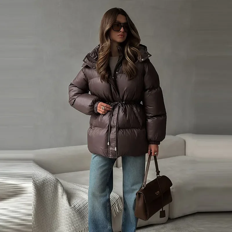 

Winter Women Oversize Warm Coats Zipper Drawstring Mid Length Zipper Hooded Quilted Jacket Casual Long Sleeve Pockets Coat