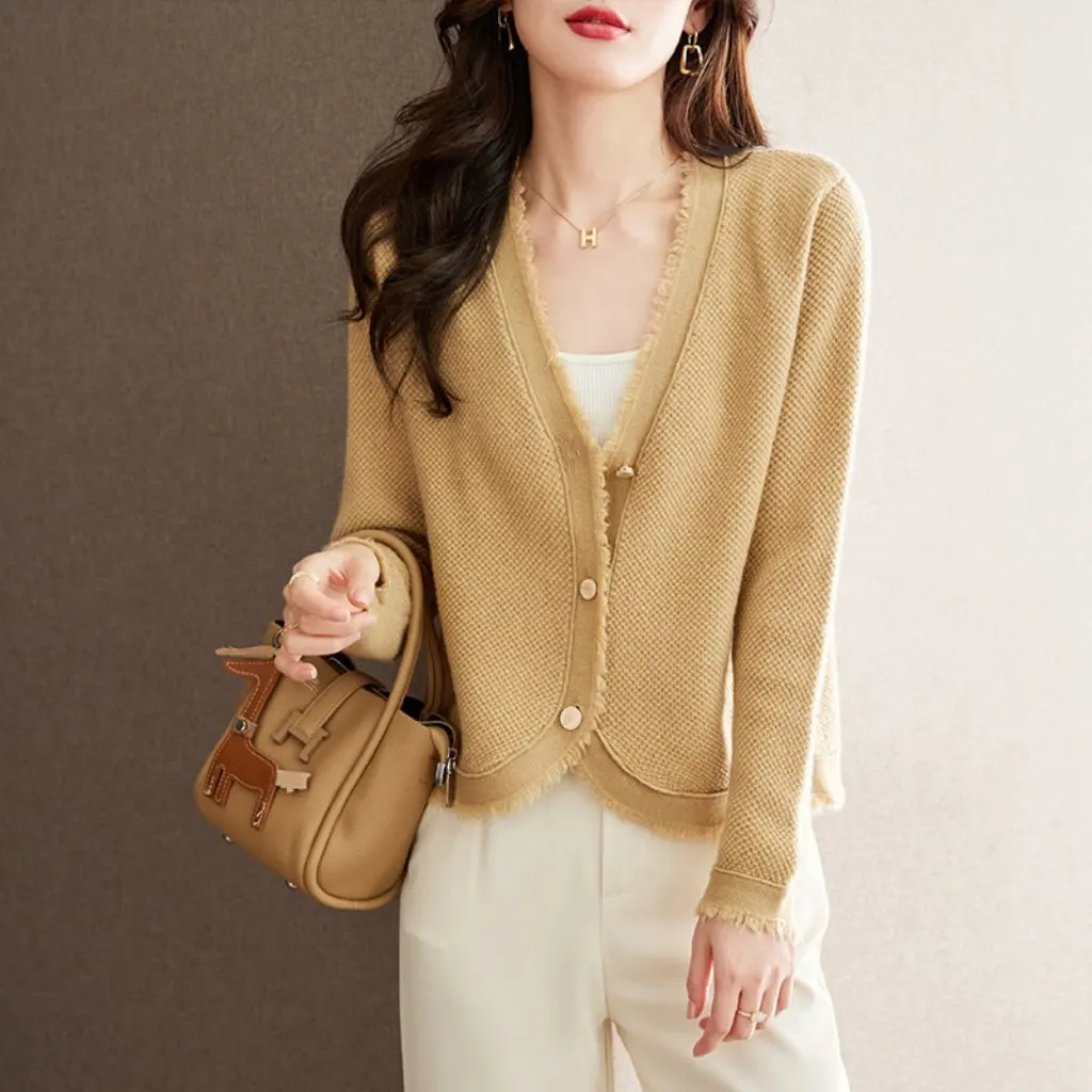 Sweater Rajut Wanita Gaya Korea dengan Rumbai Warna Solid, Cardigan Longgar, Jaket Rajut Lembut, Modis Awal Musim Gugur, Menampilkan Tampilan Lebih Muda