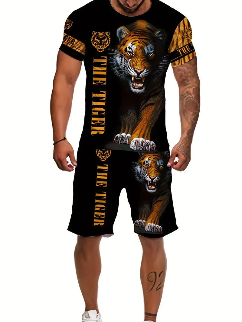 2024 New Tiger Men\'s Clothing Summer Street Clothing T-shirt and Shorts Two Piece Set Casual Clothing US sizes clothes S-2XL