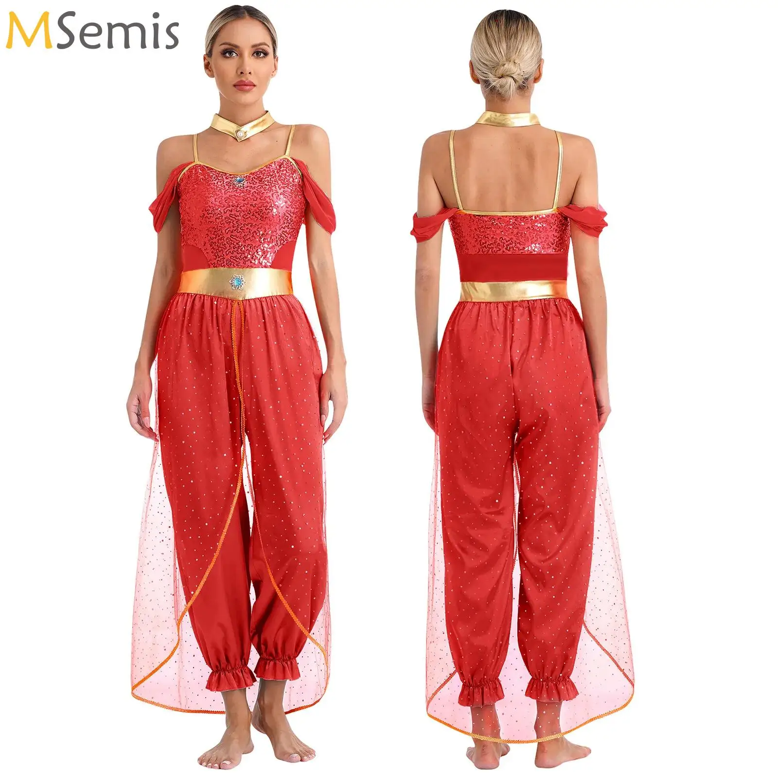 

Women's Arabian Princess Jumpsuits Halloween Party Fancy Cosplay Jasmines Costumes Dress Up Belly Dance Bodysuit with Choker