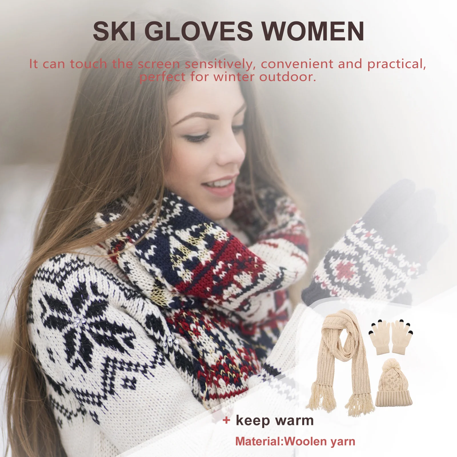 1 مجموعة محبوك قبعة وشاح قفازات مجموعة الدافئة سميكة الشتاء اكسسوارات للنساء طوي متماسكة قفازات التزلج في الهواء الطلق والعتاد #2