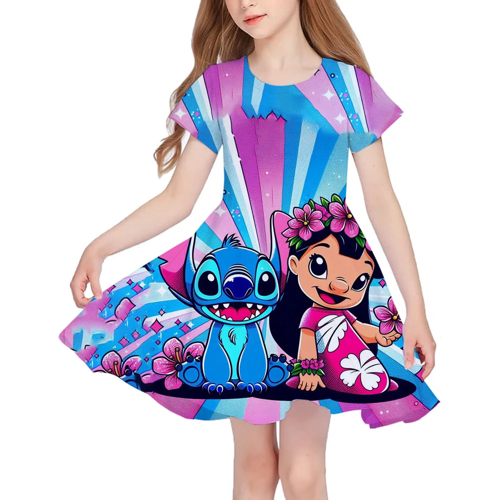 2024 Stitch Dress For Girls Children's Sleep Baby Summer Clothes StrayKids 3d Print Skirt Original Clothing Short-Sleeved Skirt