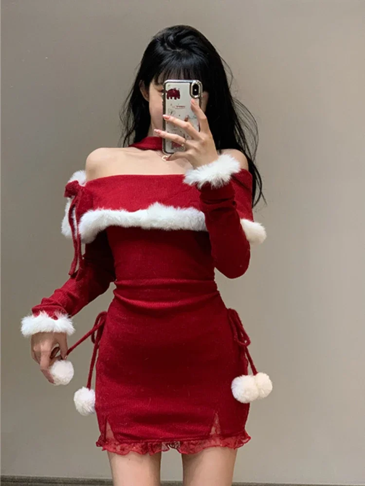 Natale Capodanno aderente mini abito lavorato a maglia donna casual manica lunga dolce elegante anche festa abito intero pelliccia coreana