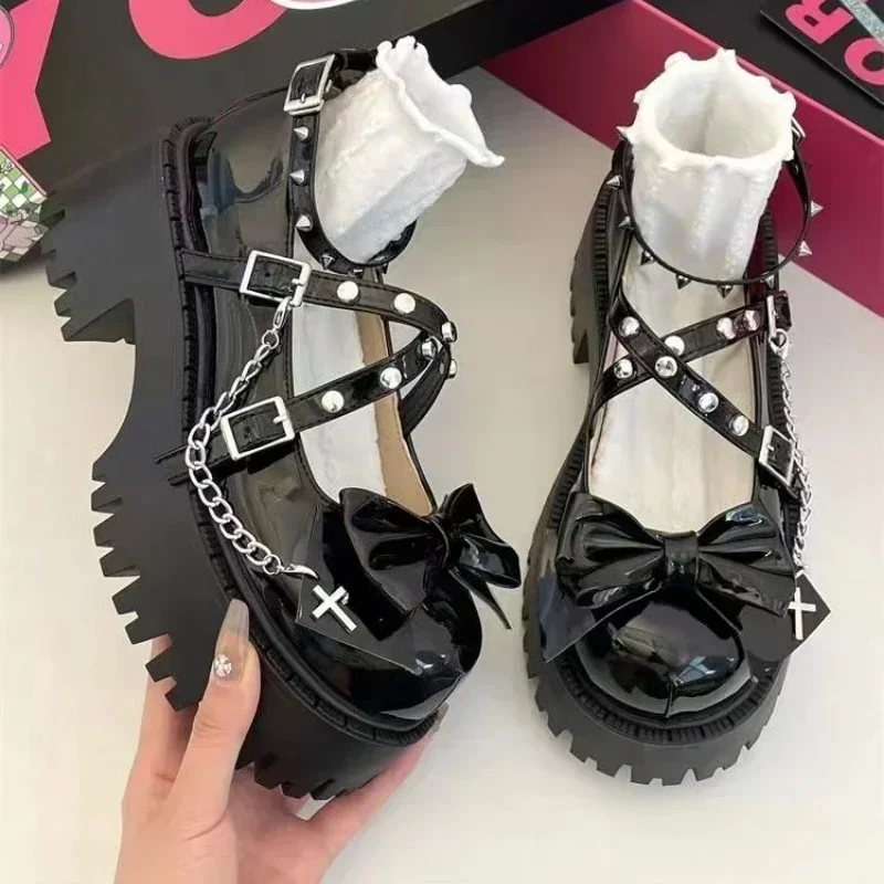 

Новые женские туфли Mary Janes на платформе 2024, модные туфли-лодочки на высоком каблуке с круглым носком и галстуком-бабочкой, с шипами и ремешком на щиколотке