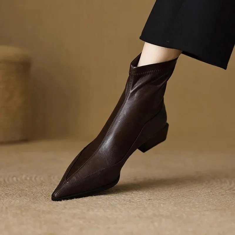 Fashion Vintage Thick Heels Women Slim Ankle Boots Autumn Winter Pointed Toe Stripper Party Short Booties Zapatos De Mujer view 5