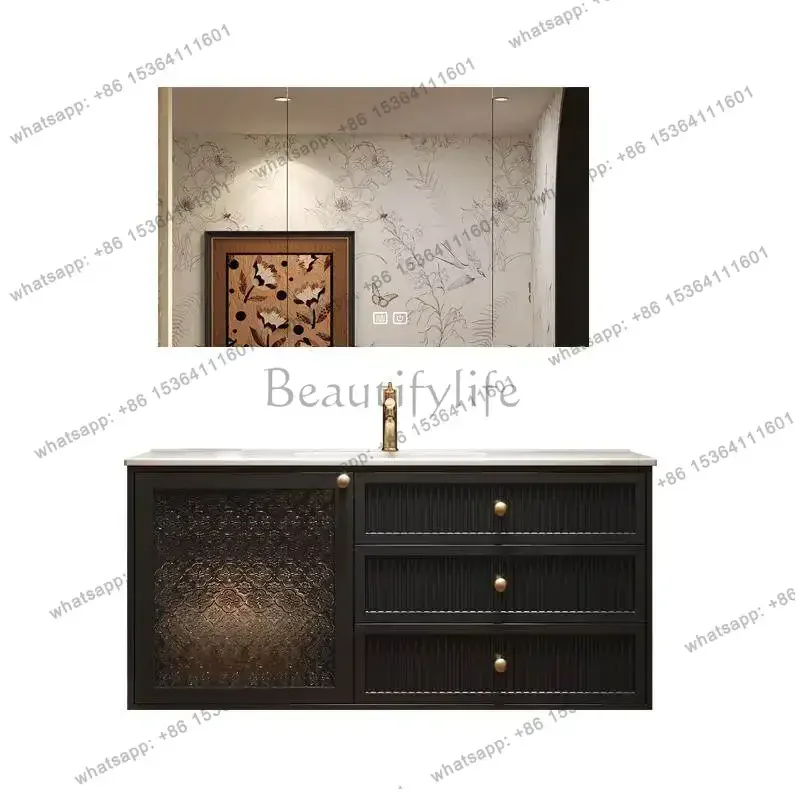 

Retro bathroom cabinet integrated ceramic basin rock slab bathroom hand wash washbasin solid wood paint