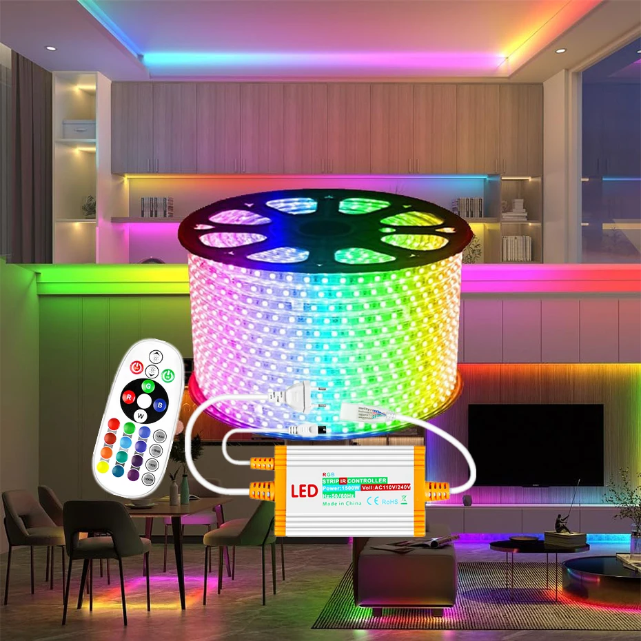 

220 В 5050SMD RGB светодиодная лента IP67 Водонепроницаемая 60 светодиодов/м Гибкая лента RGB с дистанционным управлением 1500 Вт с вилкой европейского стандарта для домашнего освещения