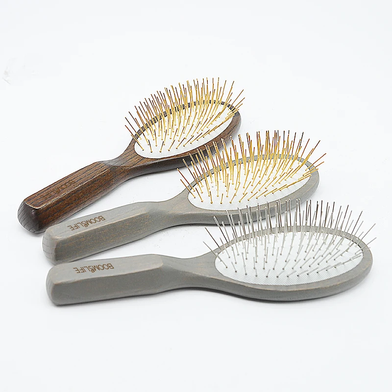 BOOMSLIFE Personalized Logo Metal Needle Wood Hair Brush For Women Hair Detangling Metal Pin Comb Massage Scalp Hair Comb view 5