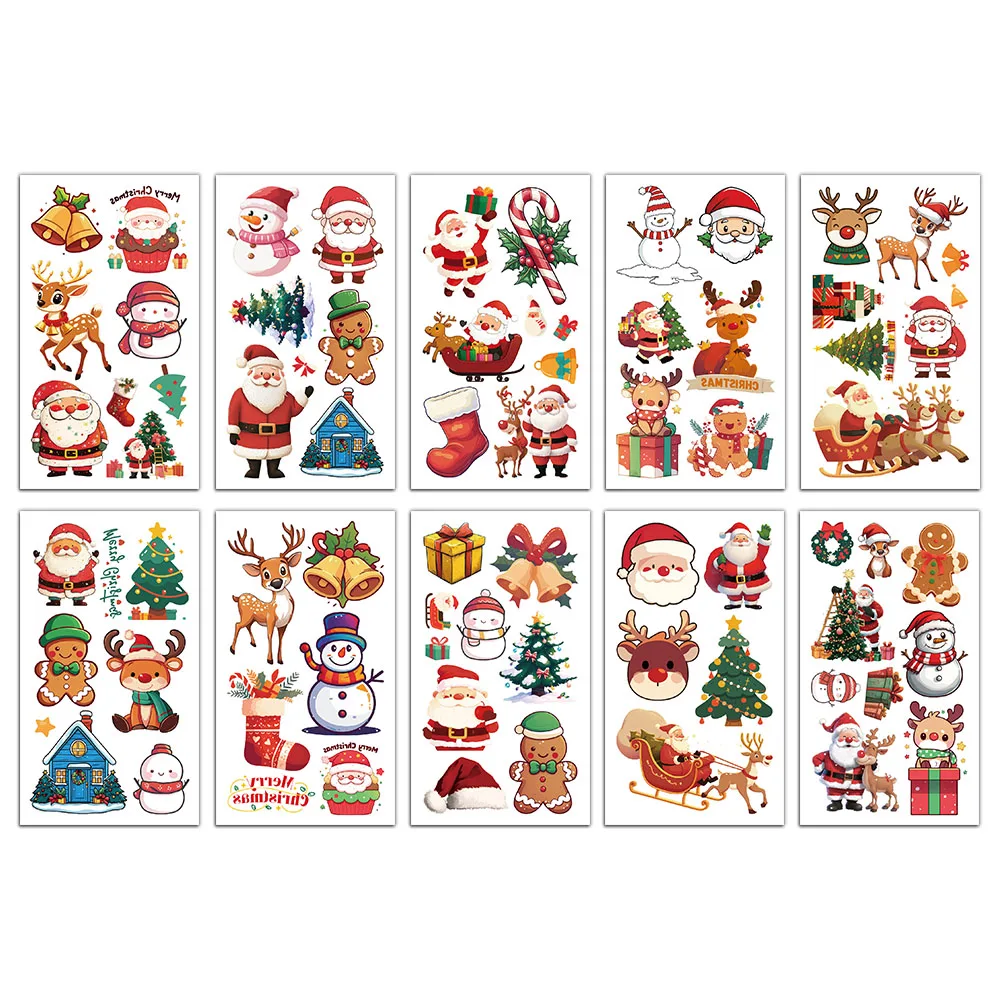 クリスマスのタトゥーステッカー,サンタクロース,エルク,パーソナライズ,レトロ,プレミアム,防水,耐久性,10個