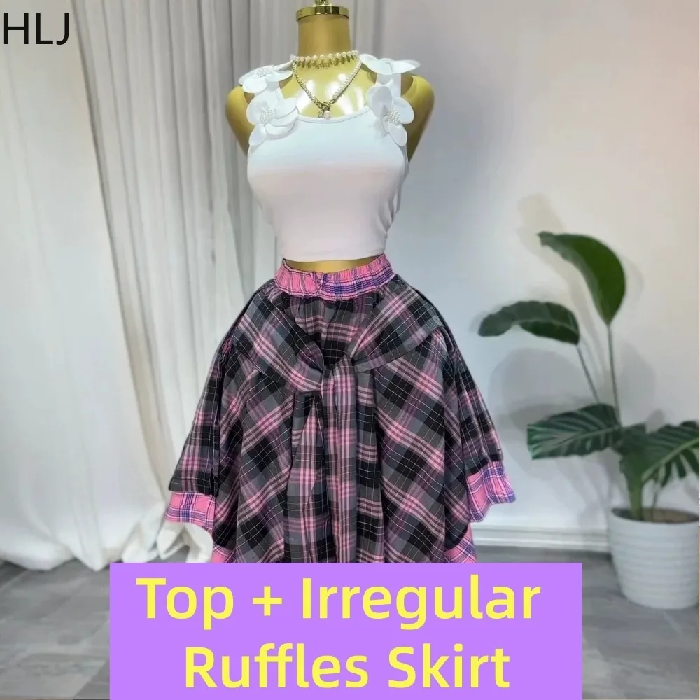 

HLJ Y2K Fashion Women' S Clothes 2 Piece Sets Checkered Print Patchwork Color Crop Top and Irregular Skirt Harajuku Streetwear