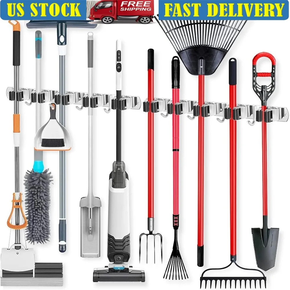 

2 Pack Wall Mount Broom Holder Stainless Steel Organizer 5 Racks 4 Hooks Heavy Duty Garage Laundry Self Adhesive Easy