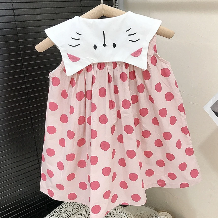 

Girls Skirt 2025 Summer New Children's Clothing Korean Style Girls Baby Fashion Polka Dot Cat Vest Cotton Skirt Casual Simple