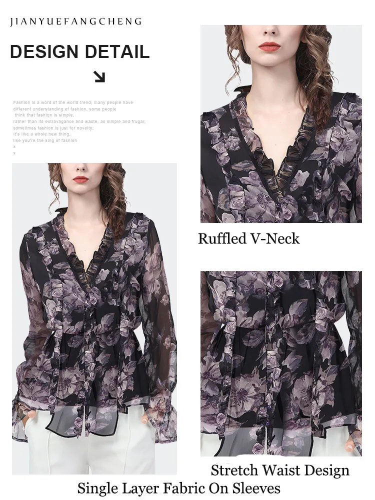 2022 New Spring Summer Floral Chiffon Blouse Women Long Sleeve V-Neck Elastic Thin Waist Ruffles Elegant Flowy Casual Shirts