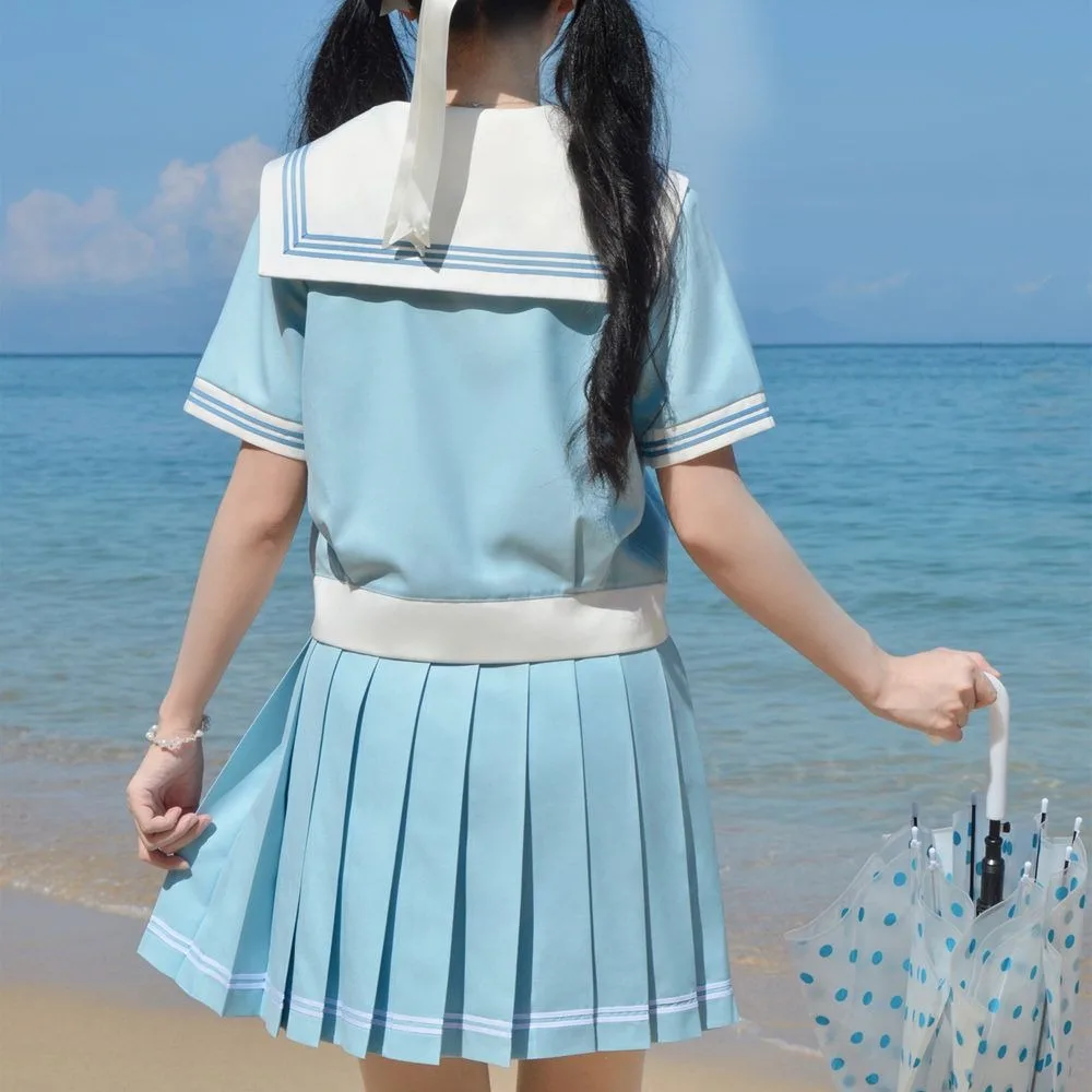 아쿠아 블루 화이트 JK 선원 복장 일본 대학 스타일 유니폼 플리츠 스커트 정장 여성용 여름 긴 소매 및 반팔
