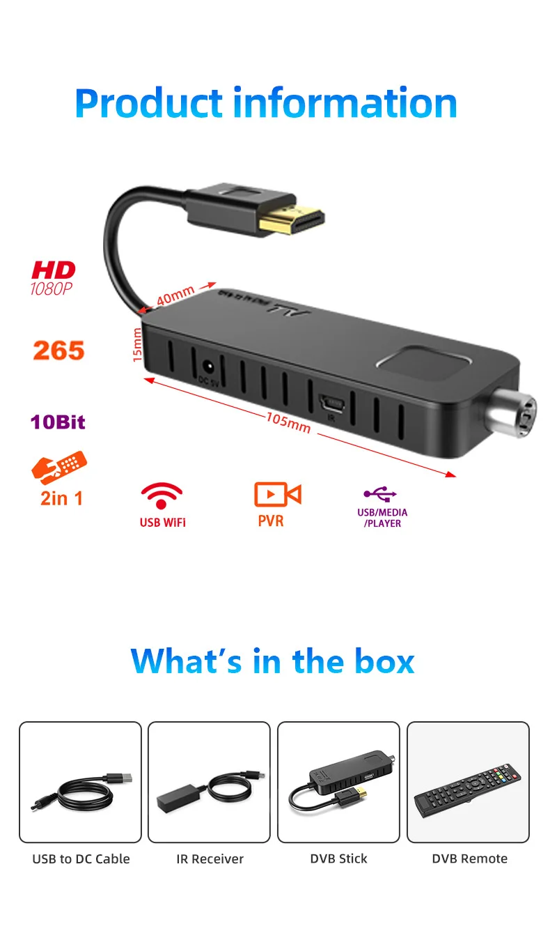 U3 Mini DVB-T2 TV Stick FTA T2 TV Receiver Box with Dolby for Italy Poland DVB T2 DVB C Digital TV Decoder HEVC H.265 TV Tuner