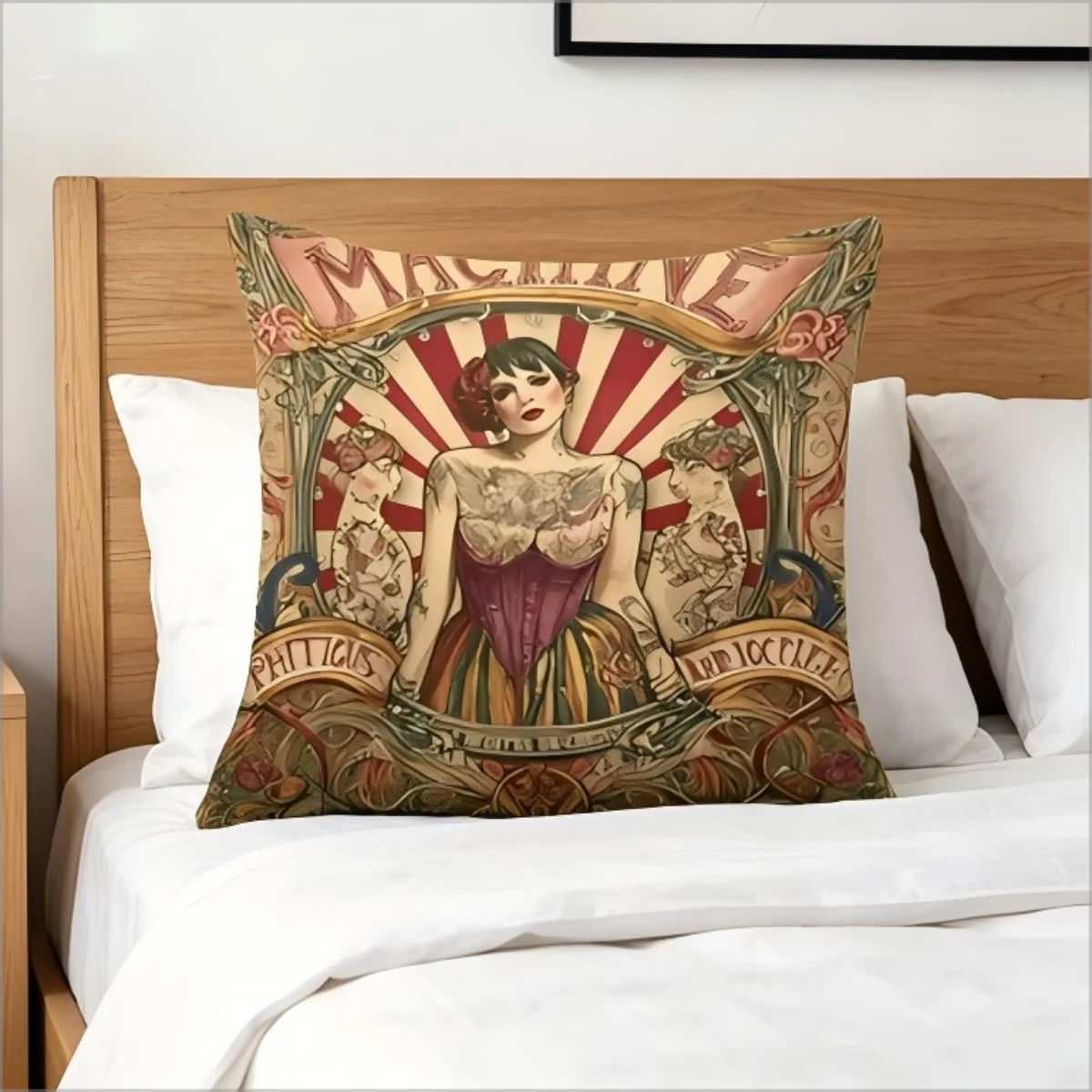 Doppelseitiger Vintage Zirkus-Tätowierte-Dame-Kissenbezug Retro Sideshow Kunstdruck Dekorativer Kissenbezug für Heimdekoration