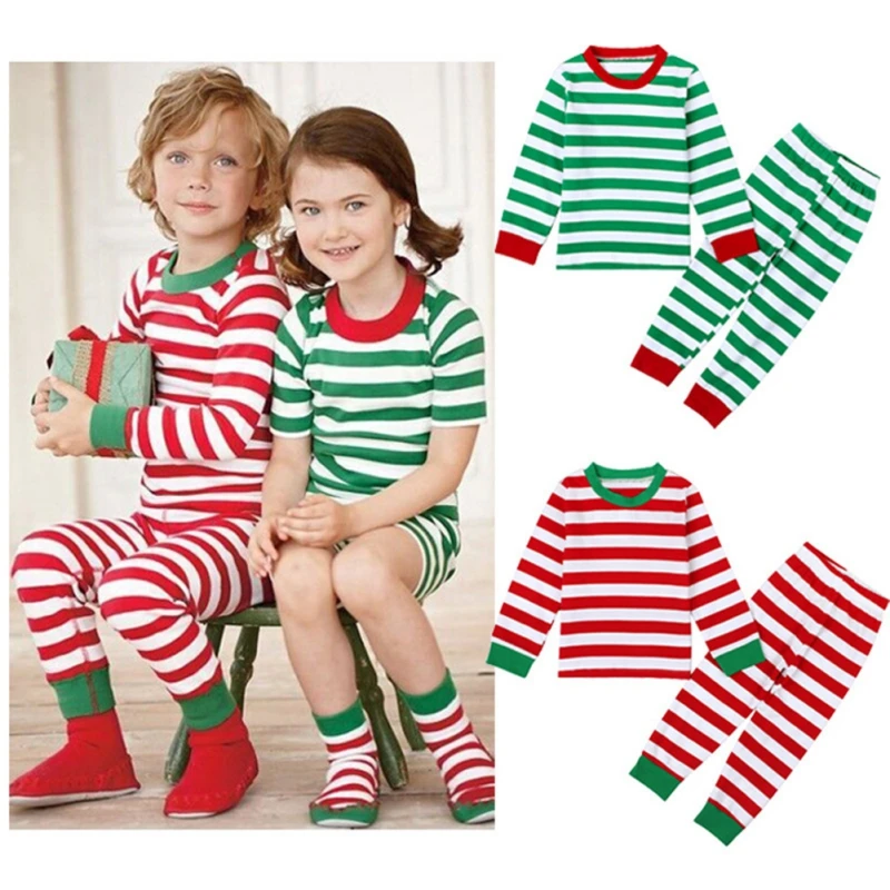 0-5T Boys Girls Christmas Pajamas Sets Stripe Toddler Clothes Kids Pajama Sleepwear