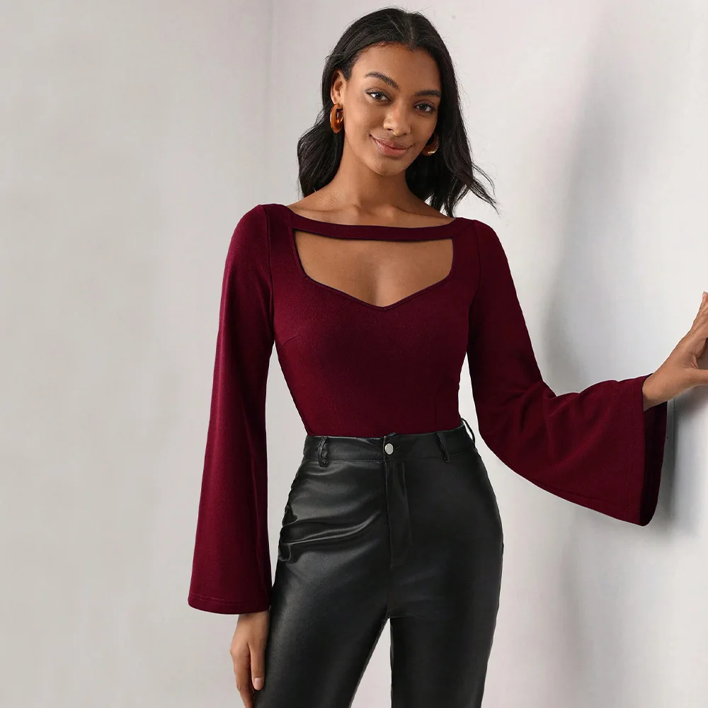 

Flare Sleeve T-shirts Women Elegant Hollow Out Casual Mature Slim Tops Streetwear Fashion Vintage European Style Simple Females