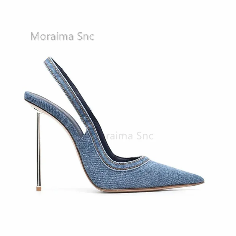 Blue Denim Slingback Sandals Women Silver Metal Heels Sewing Pointed Toe Stiletto Back Empty Summer Fashion Office Lady Shoes