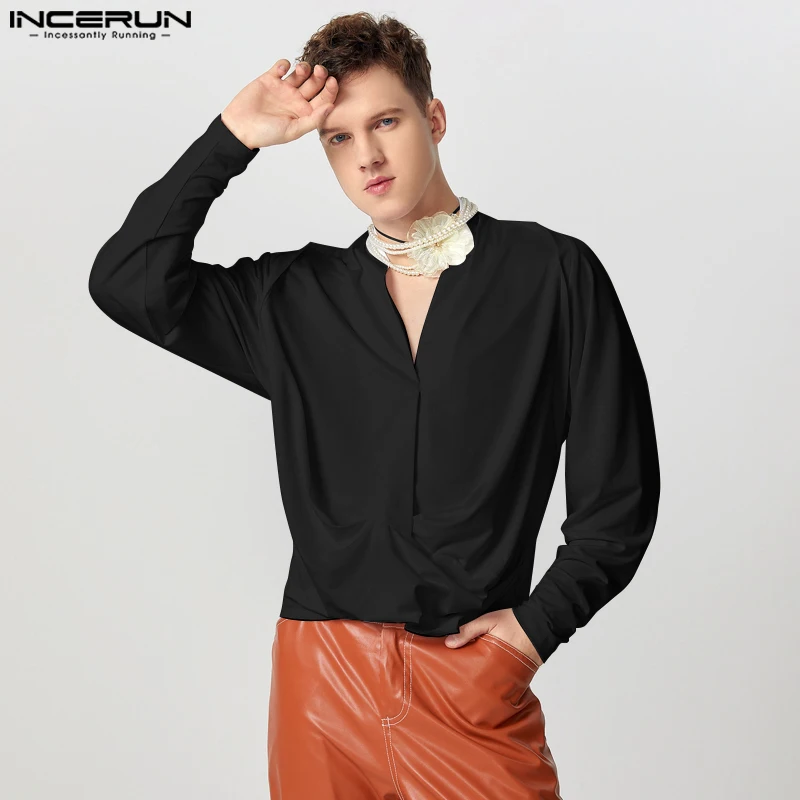 Fashion Well Fitting Tops INCERUN New Men Twisted Design Deep V-neck Shirts Male Casual Solid All-match Long Sleeved Blouse 2024