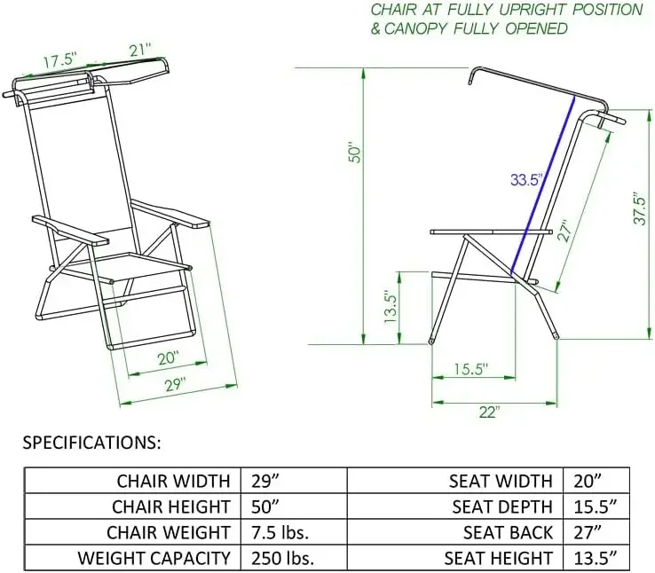 4 Reclining Positions Lightweight High Aluminum Beach Chair with Canopy Shade for Adults, Drink Holder, Storage Pouch