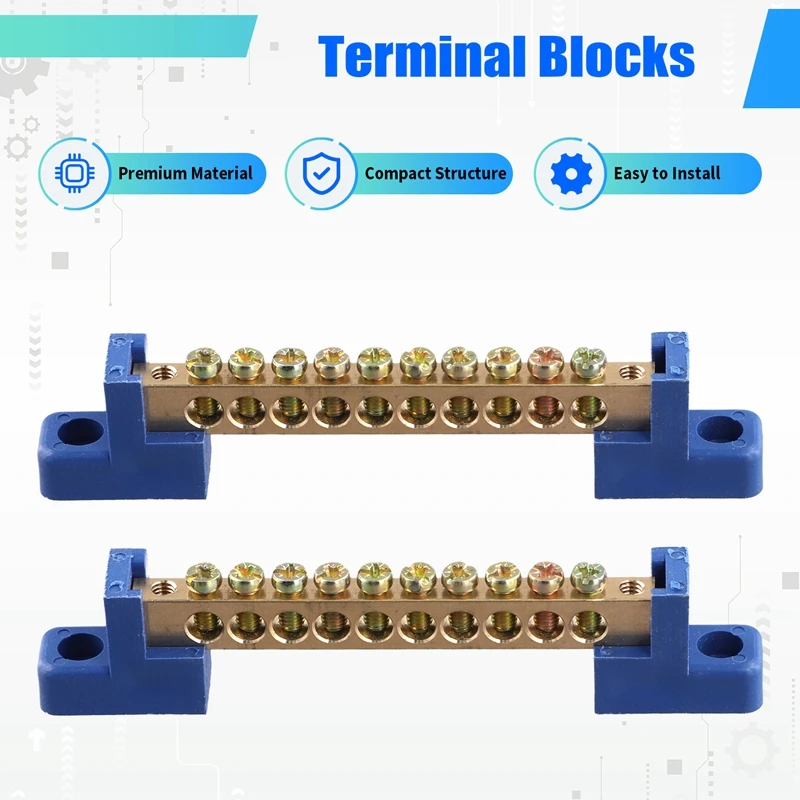 MYHOME Terminal Block Blue Terminal Bus Bar 10 Positions Screw Brass Terminal Grounding Strip Bus Bar Block Pack Of 5