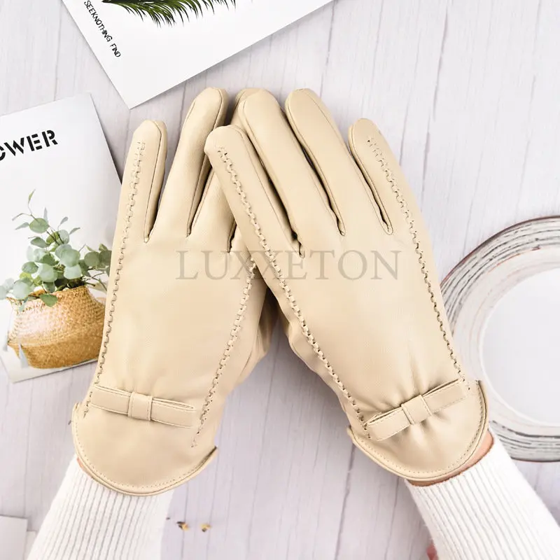 

Gloves Women's Winter Leather Black Gloves Button Warm Gloves Luxury PU Leather Driving Women's Genuine