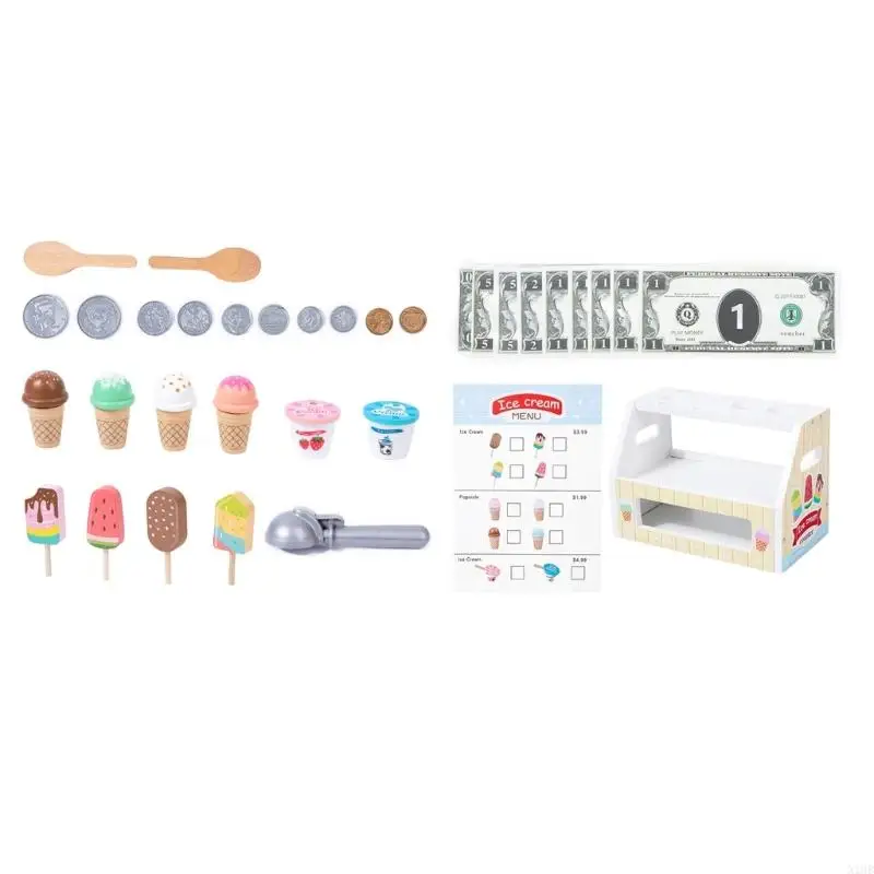 Kinderen houten ijsmodel speelgoed met muntenmenu doen alsof leeractiviteit