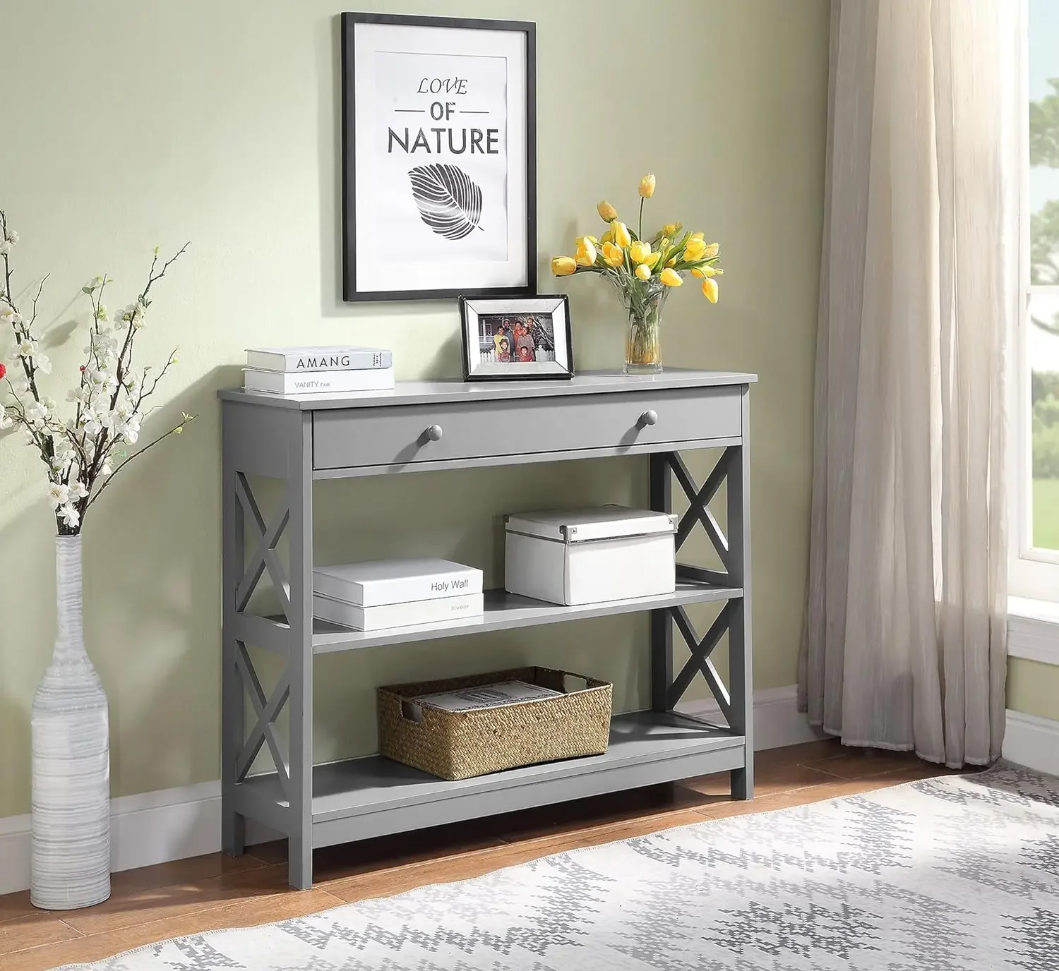 

Sofa Table with Storage Shelf, Transitional Entryway Hall Table for Living Room, Kitchen, Bedroom, Gray