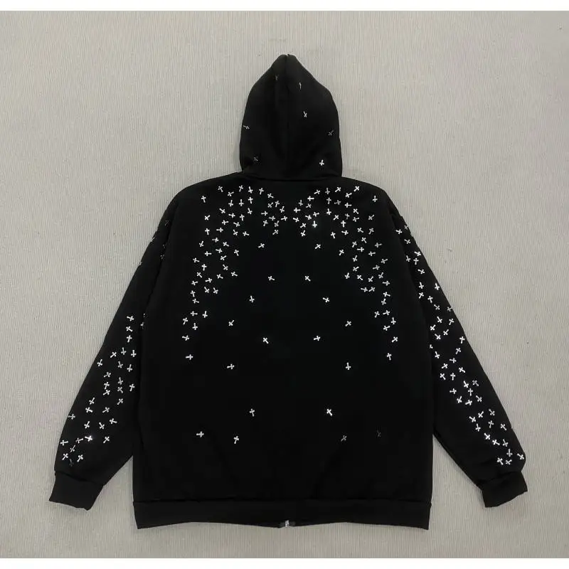 European and American dark gothic cross and star pattern brick-print hooded sweater with zipper jacket
