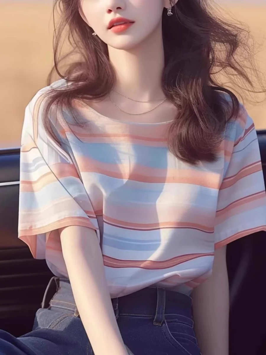 T-shirt Estiva Chic da Donna, Vestibilità Ampia, a Righe, con Scollo Rotondo, Casual e Unica per Signore