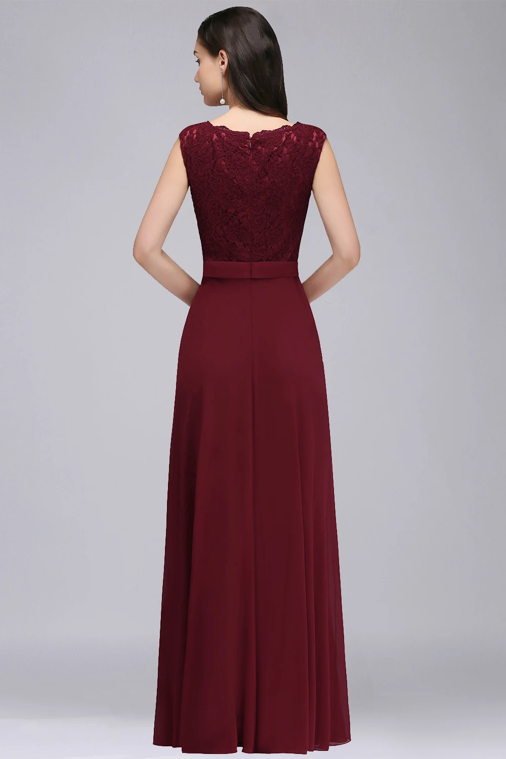 Elegant Long Burgundy Women Evening Dresses Sexy Illusion O Neck Lace Sleeveless A-Line Chiffon Formal Party Prom Gowns Vestidos