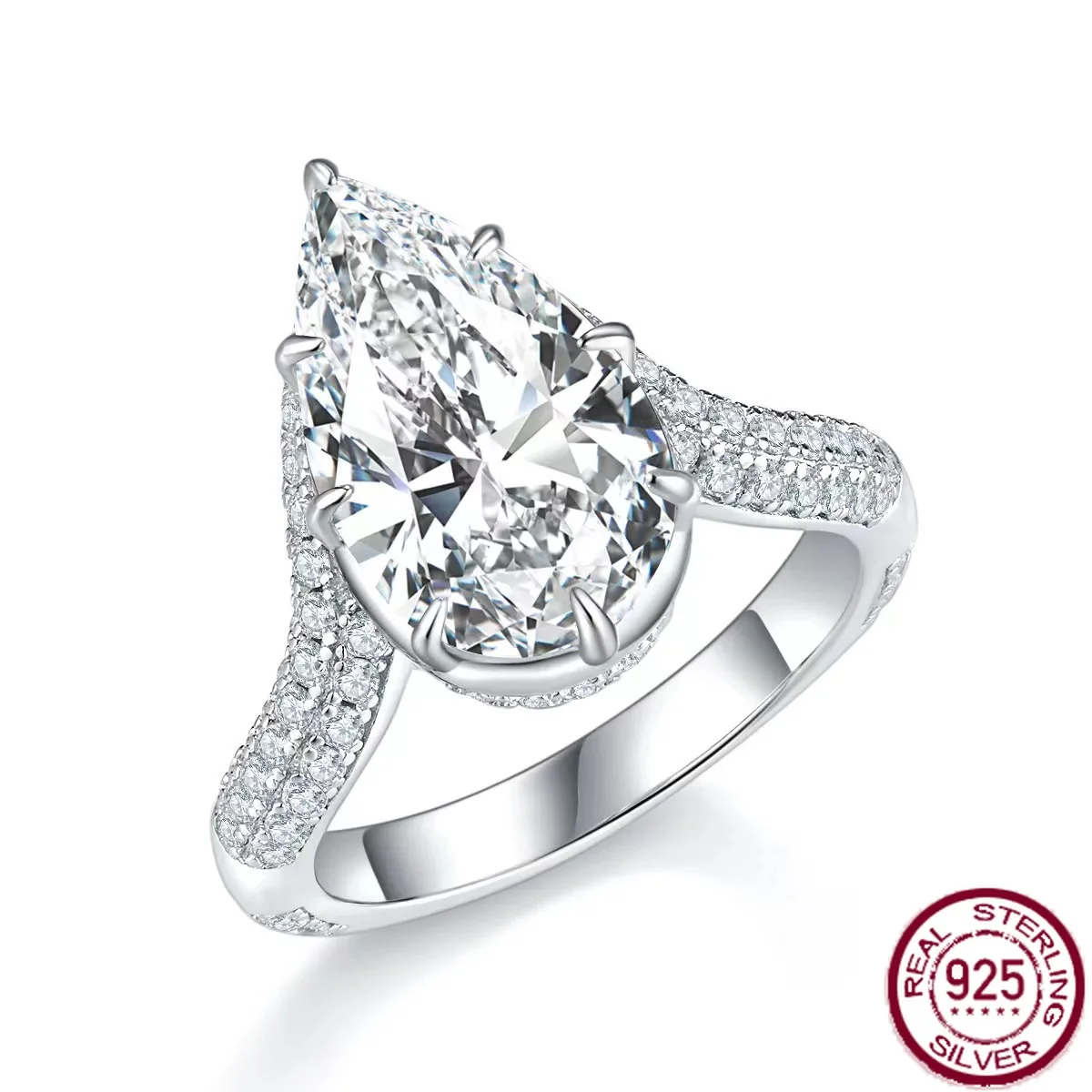 

New popular s925 pure silver full diamond 6-carat white diamond water droplet high-end luxury fashion ring wedding jewelry
