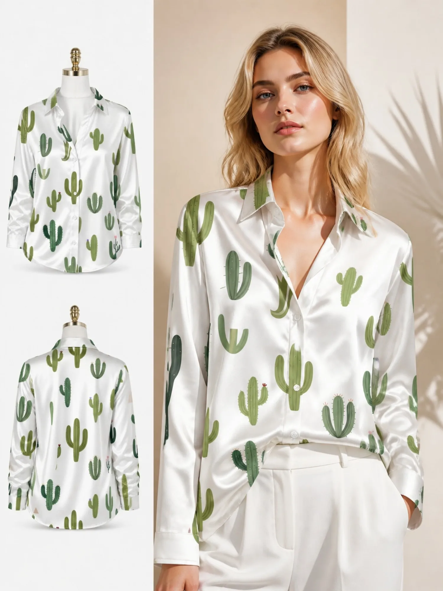 Chemisier en satin blanc et vert motif cactus pour femme, chemise à manches longues boutonnée, haut soyeux décontracté pour les vacances dans le désert