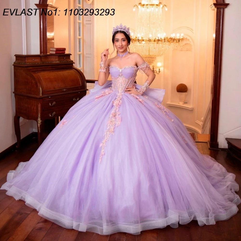 

EVLAST Customized Princess Lilac Quinceanera Dress Ball Gown Pink Lace Applique Beading Bow Sweet 16 Vestidos De 15 Anos AQ38