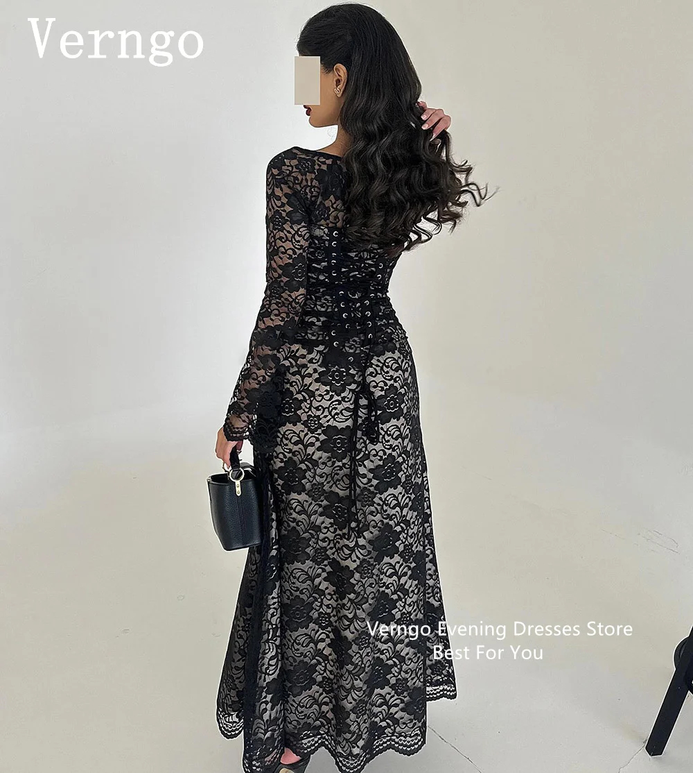 Verngo Black Lace Long Prom Gown Square Collar Full Sleeves Party Dress For Women A Line Lace Up Saudi Aranbic Formal Dress