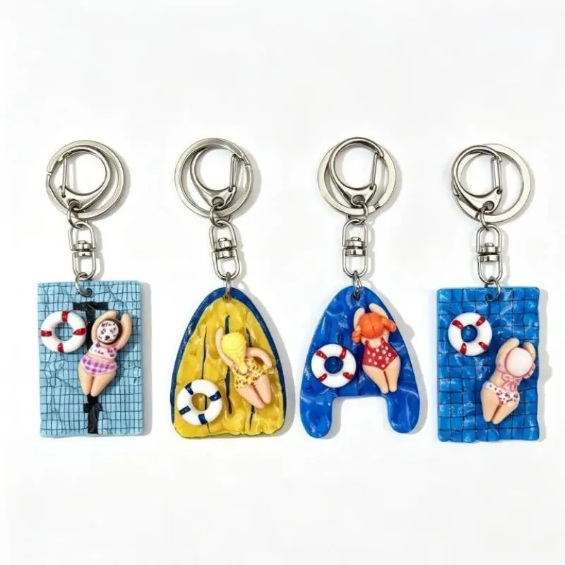 Cute Cartoon Swimmer Girl Pool Keychain UV Resistant Non-fading Swimming Pendant Keyring for Car Key Bag Beach Trip Souvenir