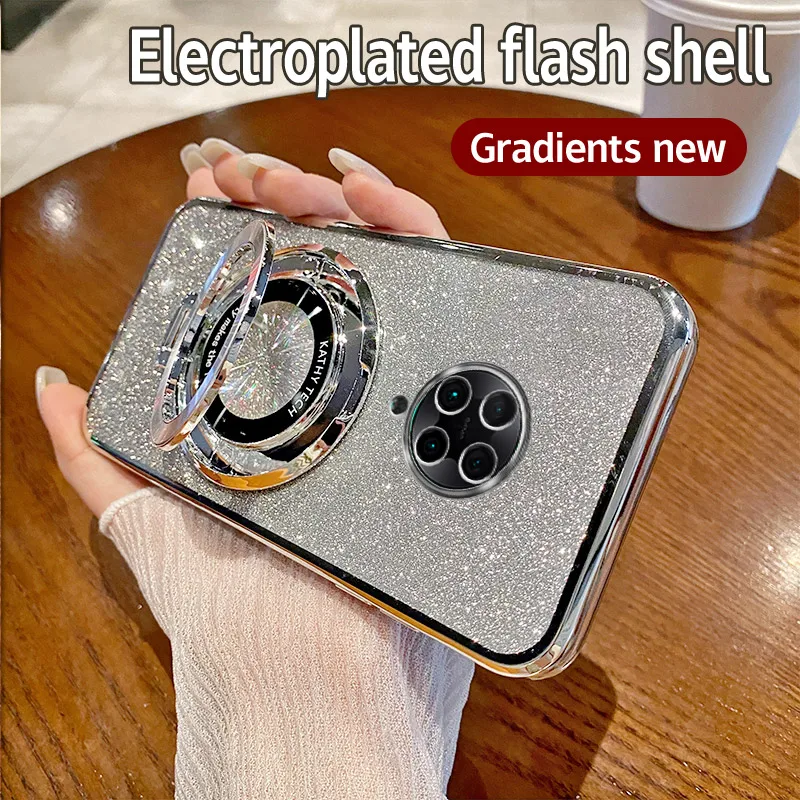 Voor Xiaomi Poco F2 Pro Behuizing Galvaniseren Zachte Glitter TPU Telefoon Terug Luxe Cover Xiaomi F2Pro Telefoon Case Beugel Magnetische