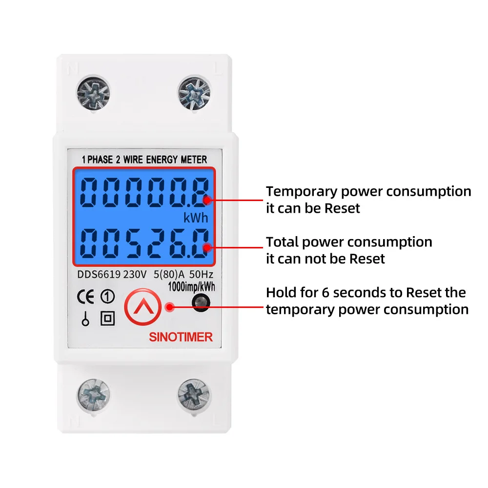 Din Rail Single Phase Energy Meter LCD Digital Backlight kWh Power Consumption Meter Wattmeter Electricity 120V/230V Reset Zero