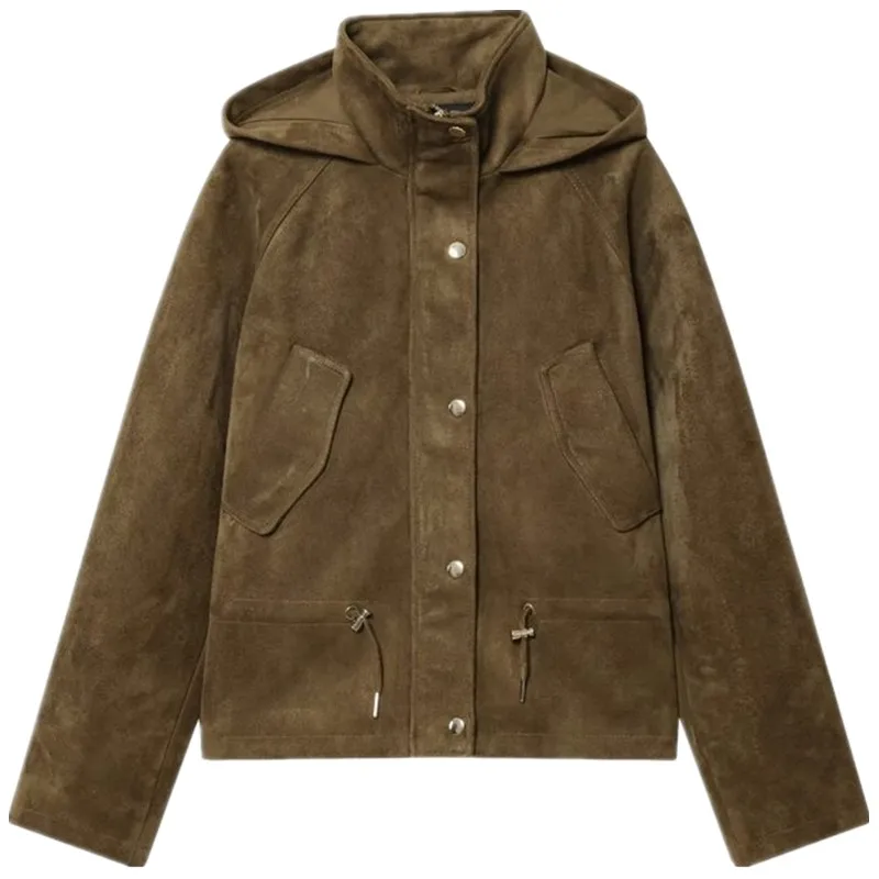 Otoño 2025 nueva mujer Faion Stand Collar efecto piel sintética con capucha Jaet abrigo largo Sve ort Sle cierre de botón