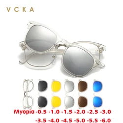 VCKA 6 In 1 Myopia Polarized Sunglasses Transparent Grey Frame Men Women Clip Magnet Glasses Custom Optical Eyewear -0.5 to-10