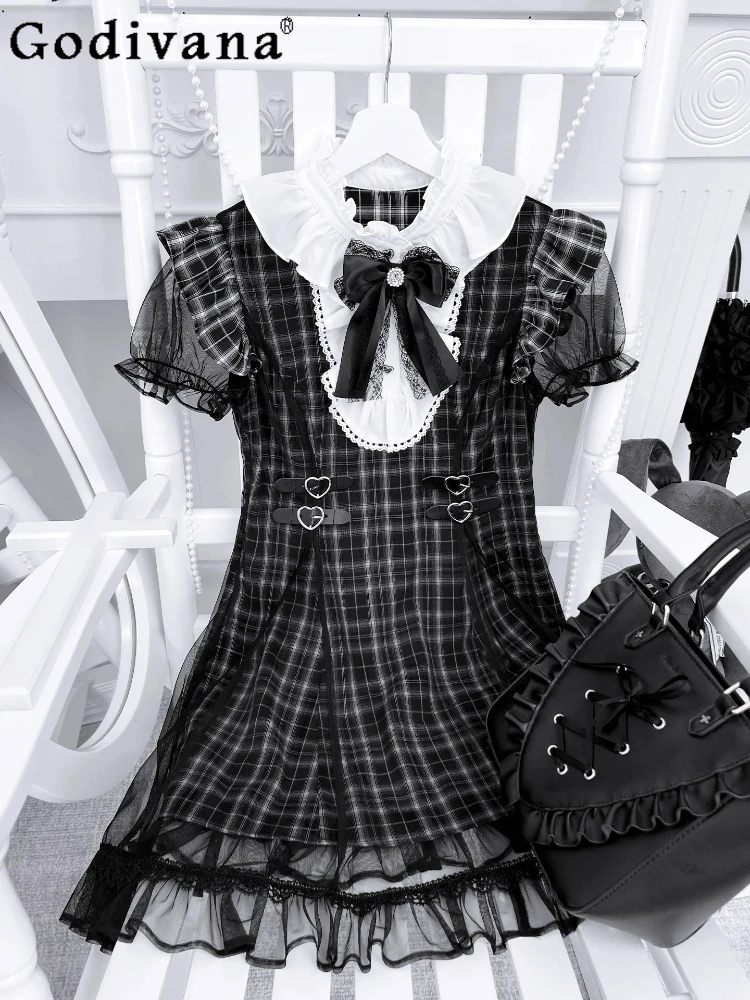 

Harajuku Dark Subculture Black Plaid Dress Summer New Japanese Girl's Sweet Cool Cute Lace Bow Lolita Short Dress Y2k Dress Op