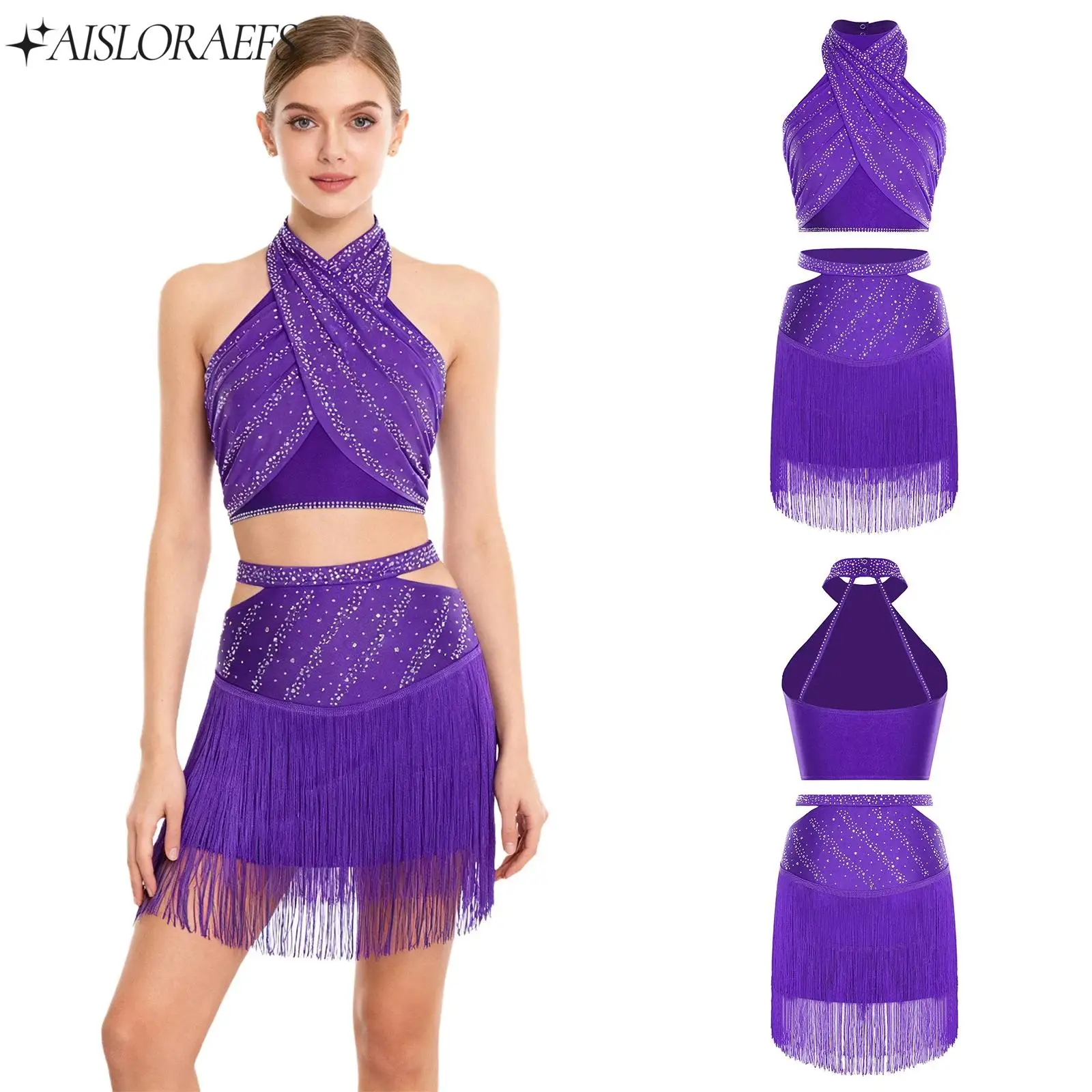 

Women Rhinestones Latin Dance Outfit Halter Sleeveless Mesh Overlay Crop Top And Skirts for Salsa Cha-cha Performance Dance Wear