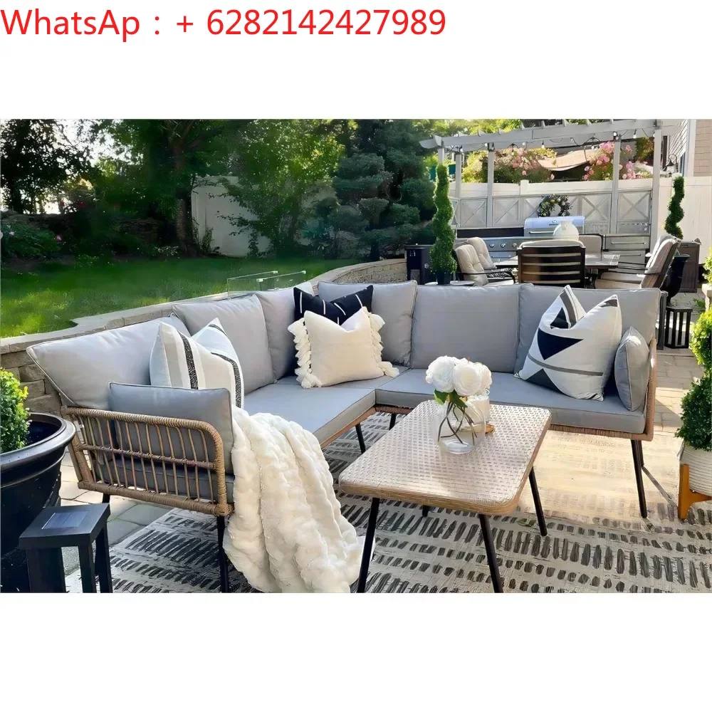 

Outdoor Sofa Set of 4 with Thickness Cushions and Side Table, Rattan 4 PCS Patio Furniture Set, Outdoor Wicker L-Shaped Sofa