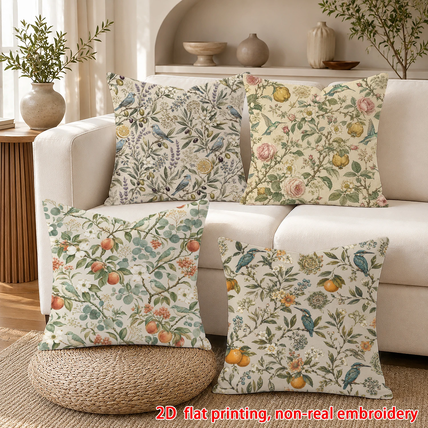 4pcs Vintage Botanical Bird and Fruit Throw Pillow Covers Neutral Farmhouse Cushion Cases for Sofa Bedroom