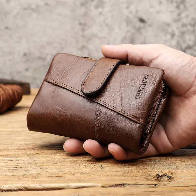 CONTACT\'S Genuine Leather Men Short Wallets Hasp Bifold Card Holder Money Clip Coin Purse Retro Male Mini Wallets High Quality